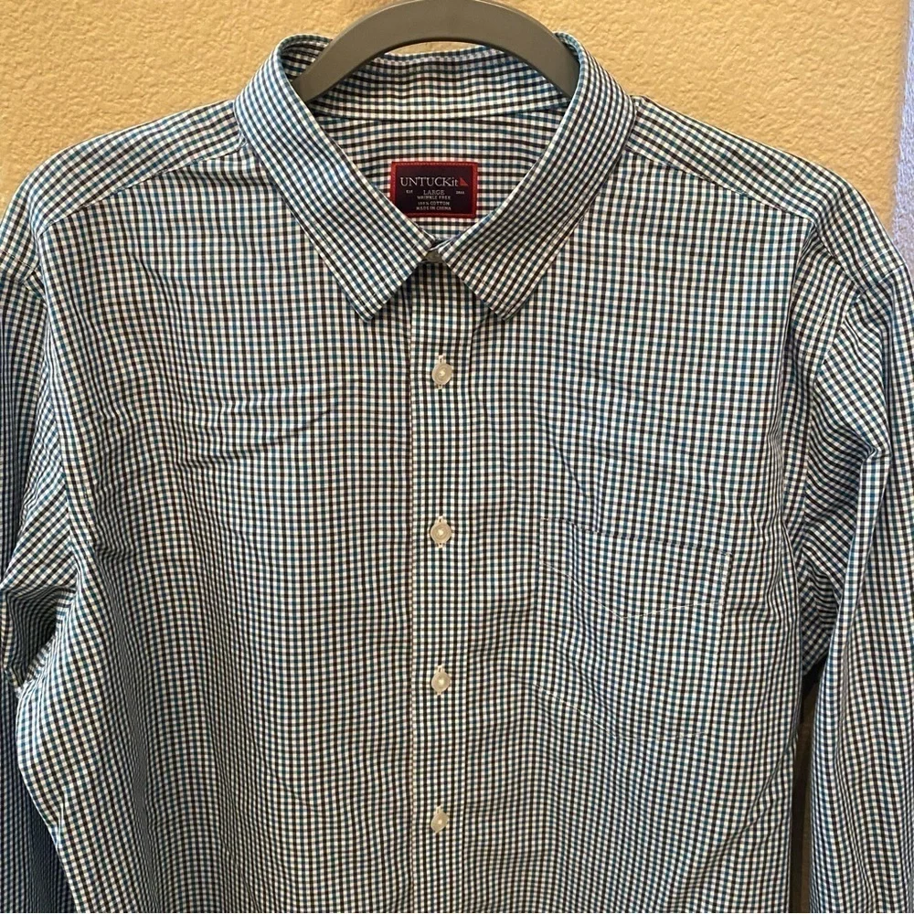UNTUCKit Men Blue Black Check Winkle Free 100% Cotton Long Sleeve Top-Large